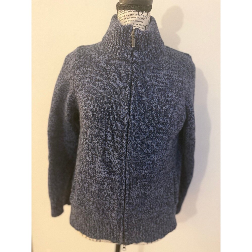 L.L.Bean Lambswool Full-Zip Mockneck Sweater Navy Blue Heather Medium Petite